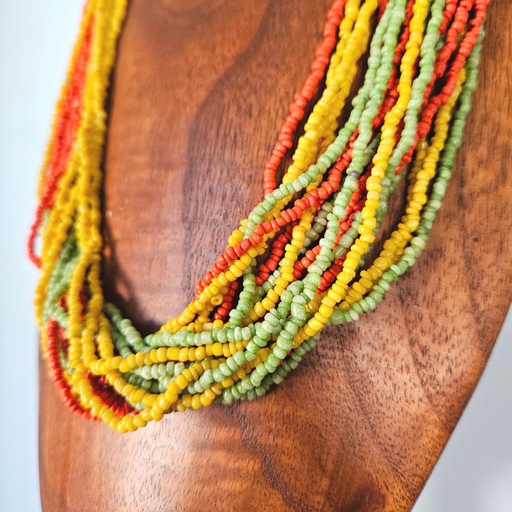 Vintage Multi Strand Seed Bead Necklace‎ Yellow Orange Green Boho Statement